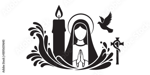 Black and white graphic of Virgin Mary, haloed, with praying hands, alongside a lit candle, a flying dove, and a stylized cross, encircled by dynamic water splashes, isolated