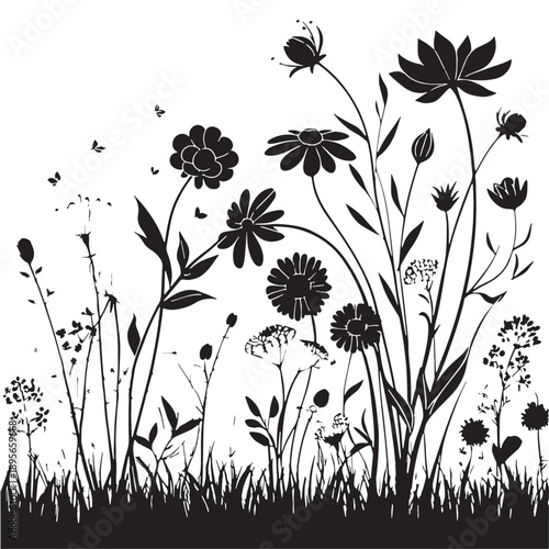 Black Flower Field Silhouette Vector, High Quality Illustration on White Background