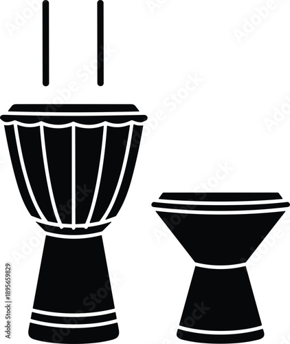 African hand drum silhouette vector icons set featuring djembe and bongo percussion instruments isolated on white