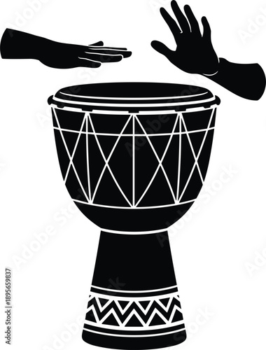 African djembe drum with hands playing silhouette vector illustration traditional percussion music performance isolated on white background