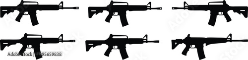 Assault rifle silhouette vector icons set featuring modern military firearms weapons symbols isolated on white background design