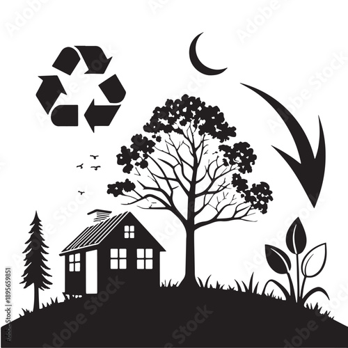 Black Eco-Friendly Living Silhouette Vector, High Quality Illustration on White Background