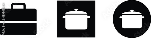 Briefcase and cooking pot vector icons set representing work meals business lunch food container symbols isolated