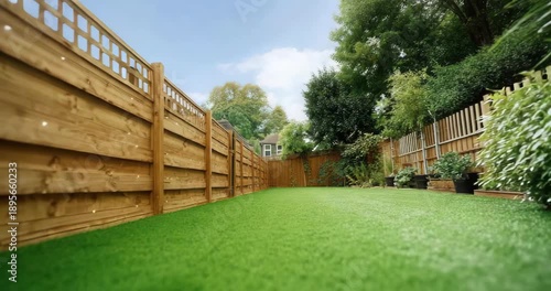 Serene backyard oasis with lush green artificial turf and wooden fence