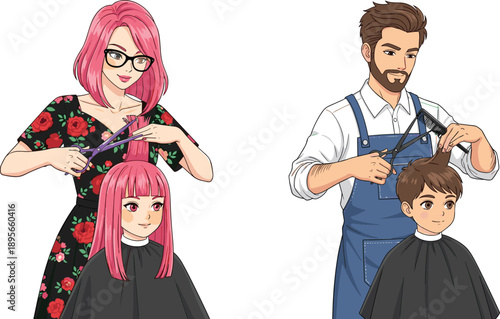 Anime hairdresser and barber cutting hair of children, professional hairstyling illustration for salon, beauty services, grooming, haircut and character design projects