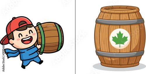 Cute cartoon boy carrying wooden barrel and illustrated maple barrel vector set playful packaging design isolated