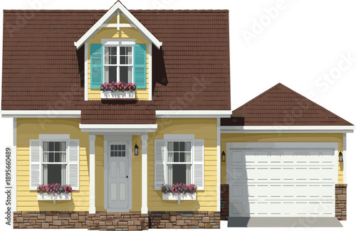 Charming yellow house, white trim, brown roof, flower boxes, cozy architecture, suburban home, garage, lantern lights, real estate, curb appeal