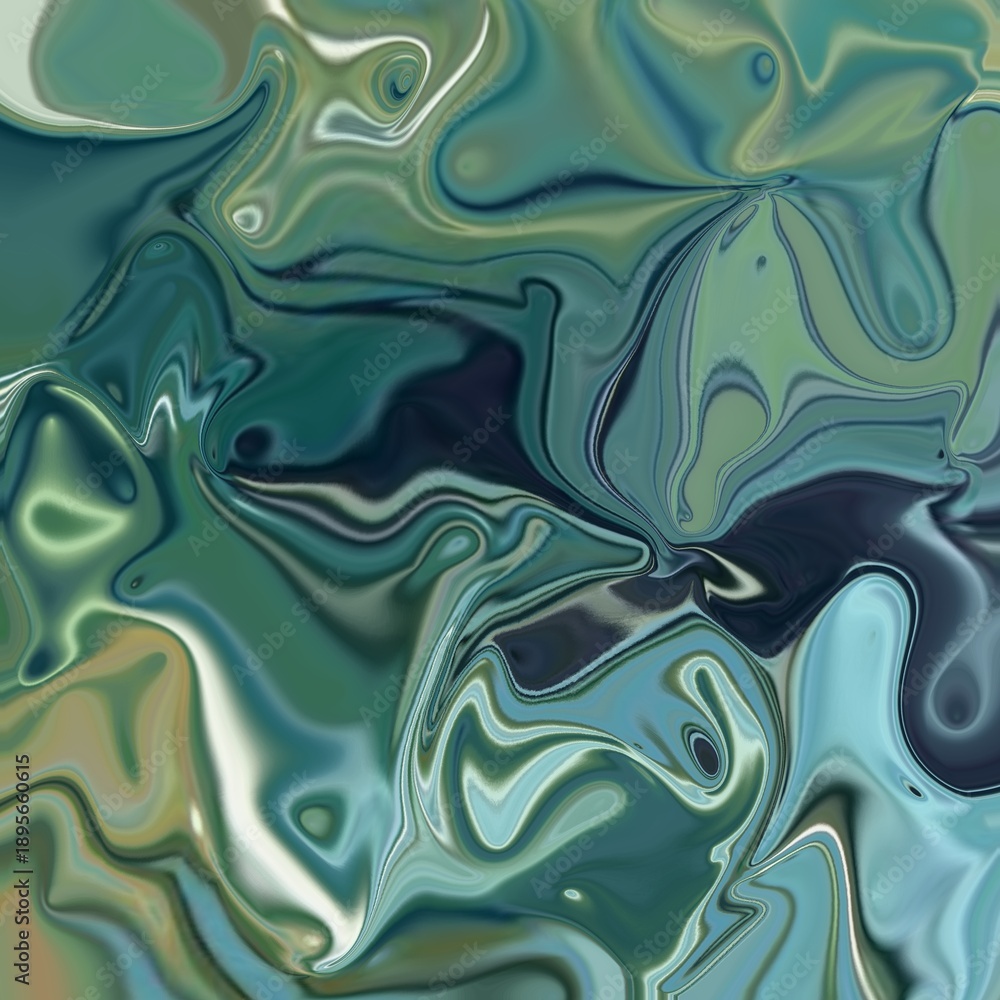Fototapeta premium Glossy abstract liquid marble pattern with swirling waves of teal, green, blue, and navy colors, creating a vibrant, reflective texture.