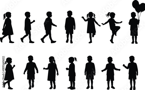 Children silhouette set, boys and girls walking, playing, holding balloons—perfect for school, education, family, childhood and parenting designs.