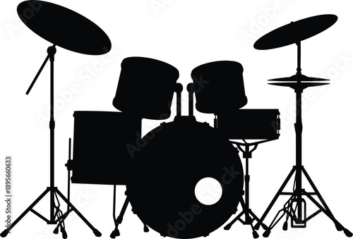 Drum set silhouette vector illustration featuring full acoustic drum kit percussion instruments isolated on white background music performance