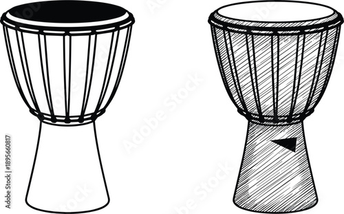 Djembe drum vector illustrations set with outline and engraved styles African percussion instruments isolated on white background design
