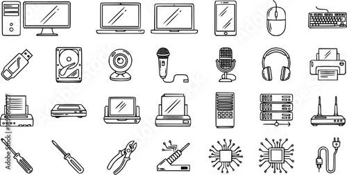 Technology Icons: Computer, Laptop, Smartphone, Mouse, Keyboard, USB, Hard Drive, Webcam, Microphone, Headphones, Printer, Circuit Board, Router, Tools, Line Art