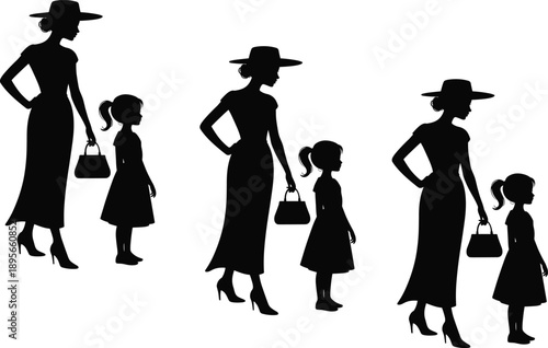 Elegant mother and daughter silhouette set walking together, fashion lifestyle scene symbolizing family bond, parenting, style, care, and modern motherhood