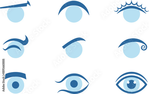 Eye expression vector icons set showing different eyelids lashes brows and vision symbols minimal design isolated on white
