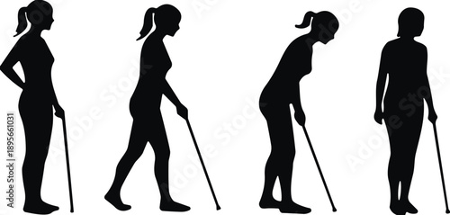 Mobility support silhouette collection showing people walking with canes, disability aid poses, rehabilitation walking figures, healthcare mobility icons and support illustrations