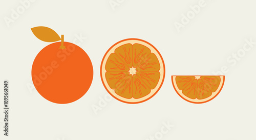 Minimalist Illustration of Orange Fruit with Whole and Sliced Sections in a Simple Style