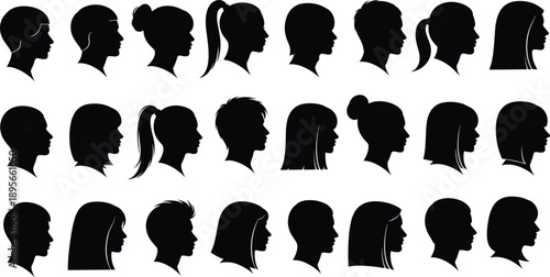 Collection of twenty four diverse profile silhouettes featuring various men and women hairstyles and head shapes isolated on white background for social media and identity design