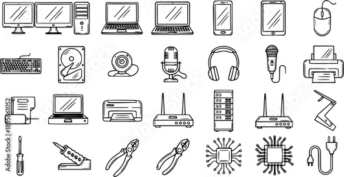 Technology Computer Hardware Devices and IT Tools Outline Icons Set. Black  White Doodle Collection of Electronic Gadgets, Components, and Maintenance Equipment.