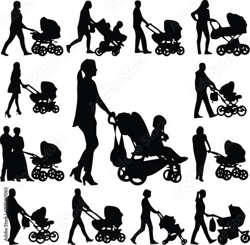 Parents walking with baby stroller silhouettes isolated on white background showing motherhood fatherhood childcare parenting and family lifestyle activities