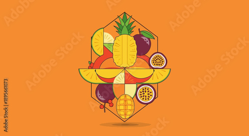 Colorful and Modern Illustration of Tropical Fruit Composition with Geometric Design Elements