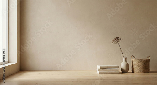 Minimalist Empty Beige Wall Room Interior with Books and Dried Flower Vase