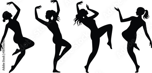 Silhouette set of graceful dancing women in modern freestyle poses, elegant vector artwork for dance, music, fitness, or movement design