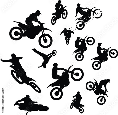 Silhouette set of motocross riders performing stunts, jumps, tricks, freestyle actions on dirt bikes, extreme sport illustration vector pack