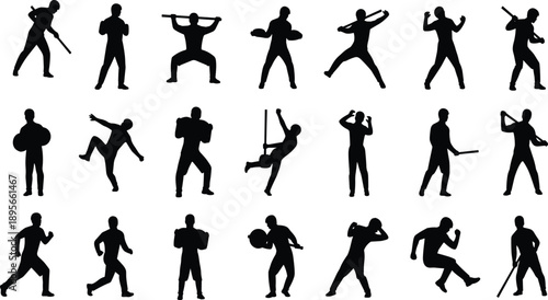 Collection of Twenty-One Male Athlete Silhouette Vector Illustration Set, Men in Various Action Poses Including Running Jumping Training and Sports for Fitness Design,