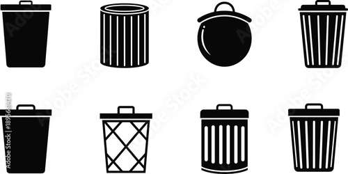 Collection of Various Trash Can and Garbage Bin Silhouettes Featuring Different Styles of Waste Baskets and Recycling Containers for Sanitation and Environmental Design,