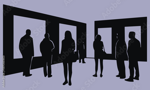 Silhouettes of people viewing artwork in modern gallery interior, museum exhibition visitors standing and observing framed displays in contemporary art space
