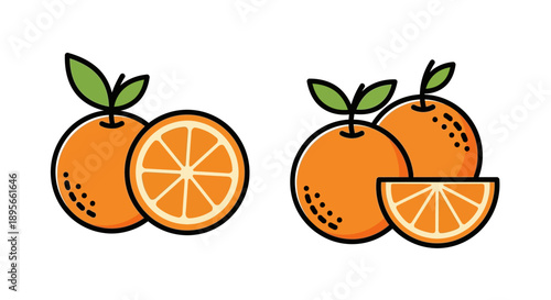 Minimalist Illustration of Fresh Orange Fruits with Sliced and Whole Sections