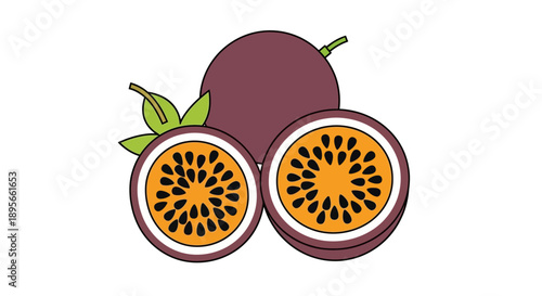 Stylized illustration of fresh passion fruits with vibrant orange pulp and purple outer shell