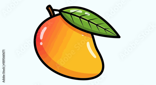 Bright and Colorful Cartoon Mango with Leaf Illustration for Kids and Design Projects