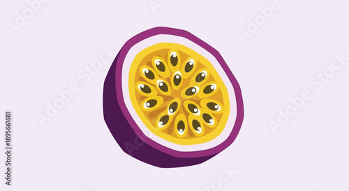 Illustration of a halved passionfruit with vibrant yellow pulp and black seeds on a pastel purple