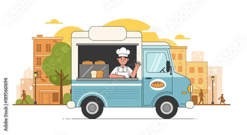 Charming bakery food truck with friendly baker, dispensing fresh baked goods in city setting