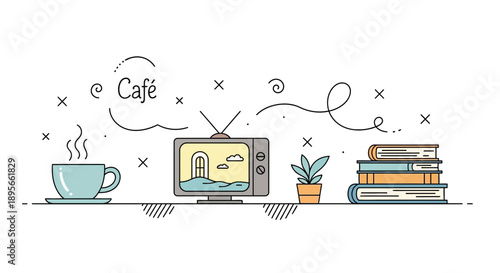 Cozy and charming illustration of a café scene with books television and a warm drink