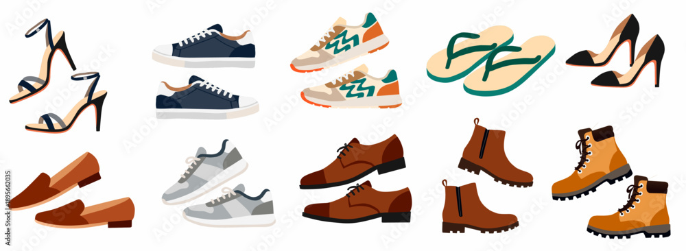 Fototapeta premium Footwear Collection in Flat Vector Style for Fashion Apparel
