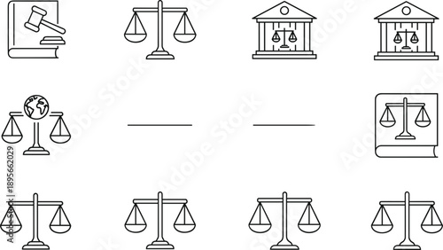 Law justice outline vector icons set including gavel scales courthouse legal balance symbols isolated on white background design