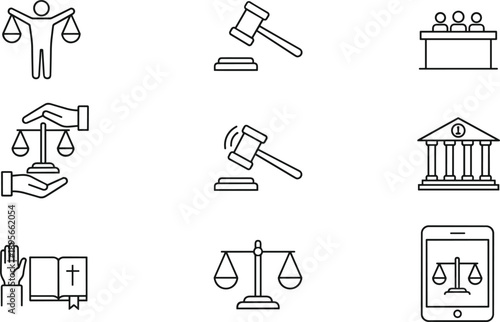 Law and justice outline vector icon set with gavel scales courthouse jury legal symbols isolated on white background