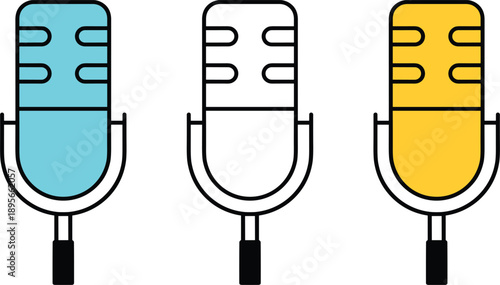 Microphone vector icons set with colorful studio recording mics for podcast radio broadcasting isolated on white background design