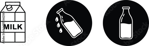 Milk carton and bottle vector icons set with dairy packaging symbols minimalist food drink illustrations isolated