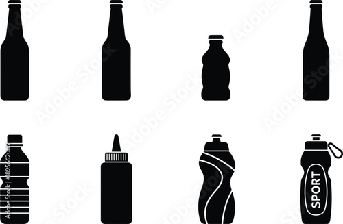 Plastic bottle silhouette vector icons set for water juice sports drinks beverage containers isolated on white