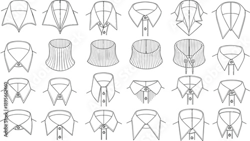 Comprehensive Collection of Men Shirt Collar Vector Sketches Featuring Various Styles Like Spread Cutaway Button Down Wing and Mandarin for Fashion Technical Drawing