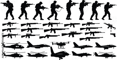 Comprehensive vector set of black military silhouettes featuring combat soldiers, powerful army weapons, helicopters and fighter jets for war themed graphic design projects