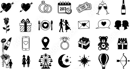 Valentine's Day Icons - Black and White Line Art Vector Collection for Love, Romance, and Celebration