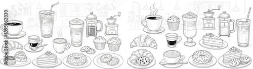 Hand drawn breakfast illustration with coffee, fried egg, croissant, milk, cereal, bacons, sausages, citrus juice, avocado, tomato, pancakes. Healthy tasty food and drinks. Vector flat illustration