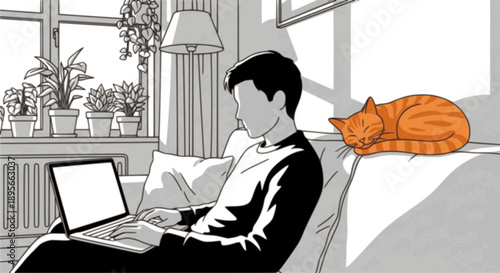 Mockup white screen laptop man using computer and pet cat lying on sofa at home, back view, focus on screen
