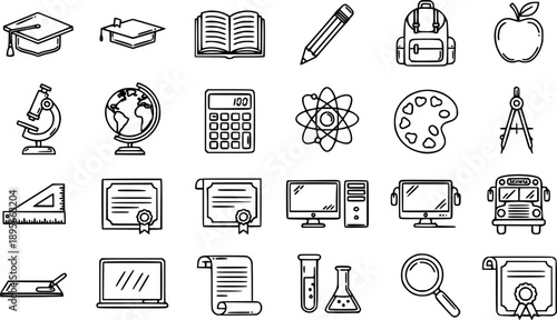Black and White Line Art Icons of School and Education Supplies, Vector Graphics