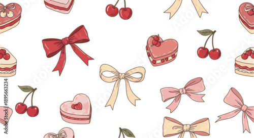 Coquette seamless pattern with hand drawn ribbons and bows, heart shaped cakes and cherry. Cute vintage print. Preppy girly background for Valentine's day, wedding, birthday, wrapping paper