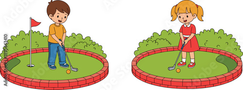 Cute Cartoon Children Boy and Girl Playing Mini Golf on Green Course with Red Brick Border and Flag for Kids Sports Activity Illustration